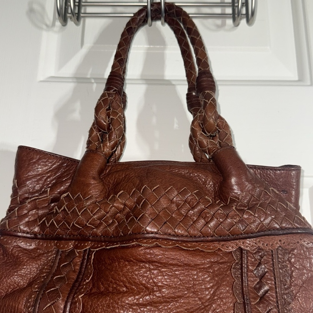 Elliott Luca Brown Pebbled Leather w/ Woven Details Everyday Medium Size Handbag - Picture 7 of 12